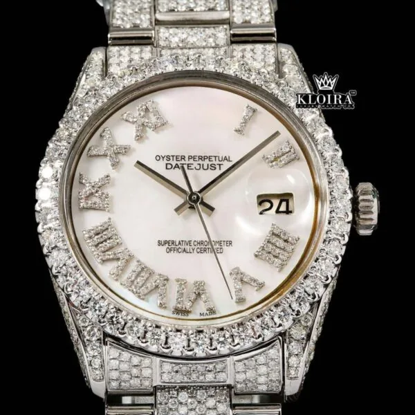 Diamond Bezel White Roman Dial Fully Iced Out Moissanite Watch Close Up Front View