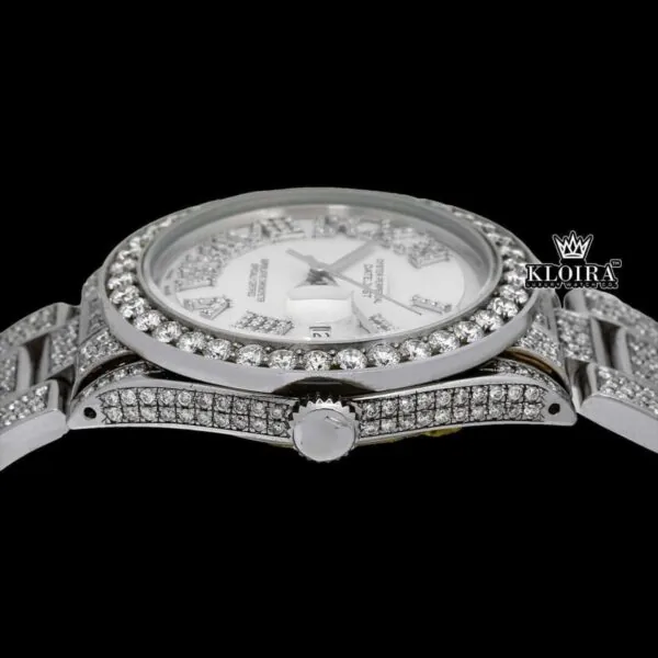 Diamond Bezel White Roman Dial Fully Iced Out Moissanite Watch Crown View