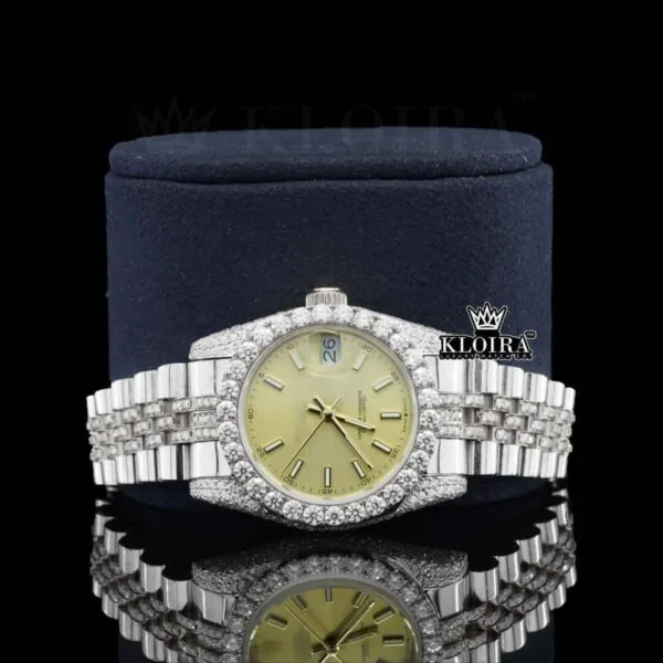 Diamond Bezel Yellow Dial Stick Markers Fully Iced Out Moissanite Watch Close Up Front View