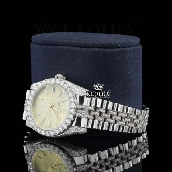 Diamond Bezel Yellow Dial Stick Markers Fully Iced Out Moissanite Watch Laft Profile View