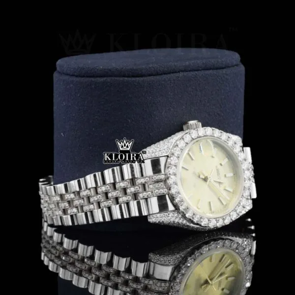 Diamond Bezel Yellow Dial Stick Markers Fully Iced Out Moissanite Watch Right Profile View
