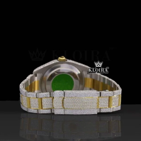 Diamond Bezel Yellow Gold Stick Markers Dial Two Tone Moissanite Watch Caseback View