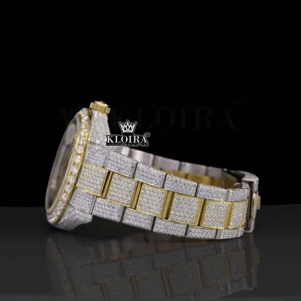Diamond Bezel Yellow Gold Stick Markers Dial Two Tone Moissanite Watch Left Side View