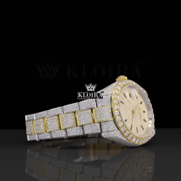 Diamond Bezel Yellow Gold Stick Markers Dial Two Tone Moissanite Watch Right Profile View