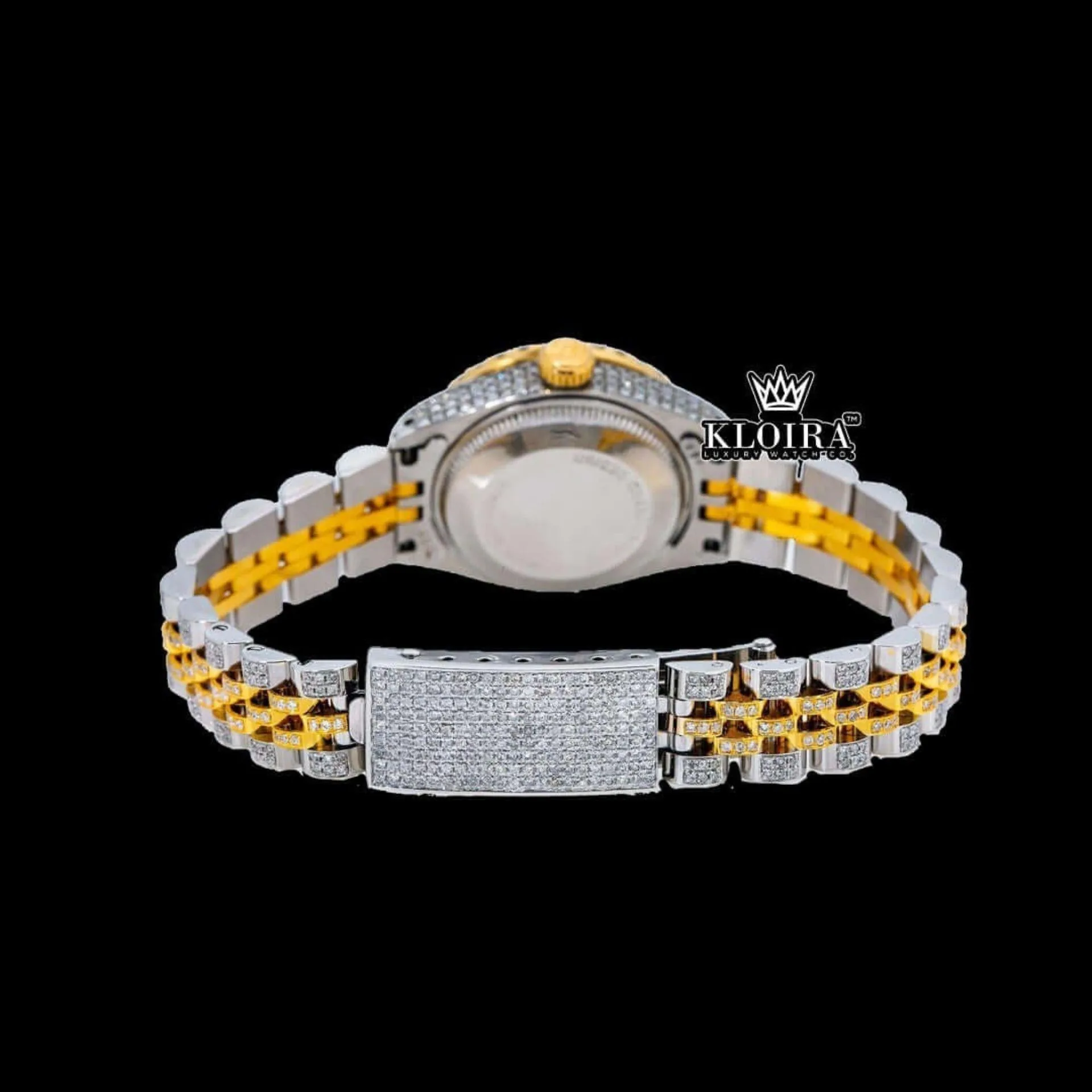 Diamond Marker Blue Dial Two Tone Iced Out Moissanite Diamond Watch Caseback View