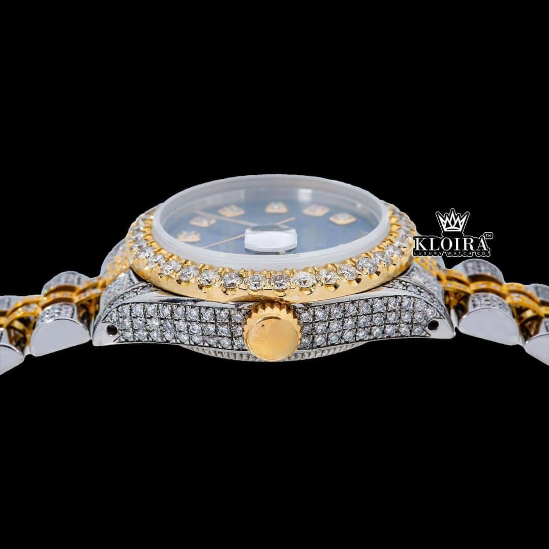 Diamond Marker Blue Dial Two Tone Iced Out Moissanite Diamond Watch Crown View
