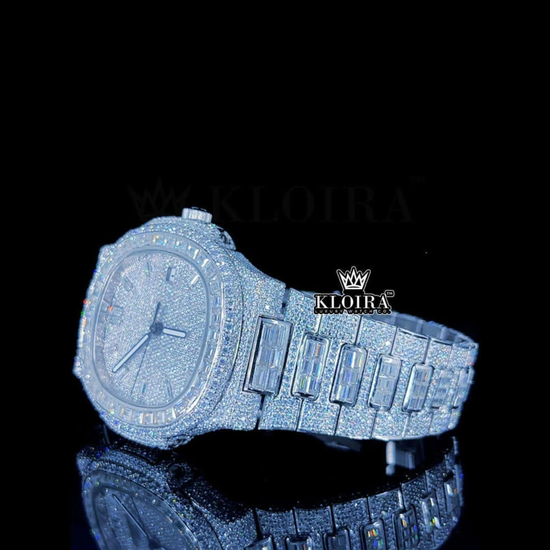 Diamond Markers Baguette Bezel Fully Iced Out Moissanite Watch Left Profile View