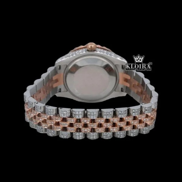 Diamond Markers Black Dial Two Tone Classic Link Strap Moissanite Watch Caseback View