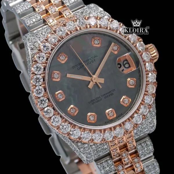 Diamond Markers Black Dial Two Tone Classic Link Strap Moissanite Watch Close Up Dial View