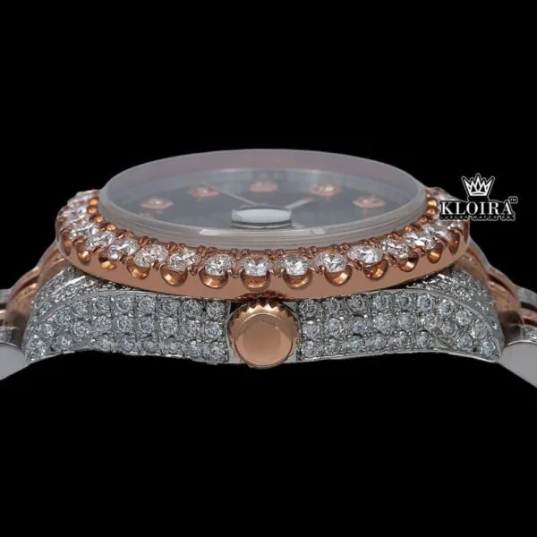 Diamond Markers Black Dial Two Tone Classic Link Strap Moissanite Watch Crown View