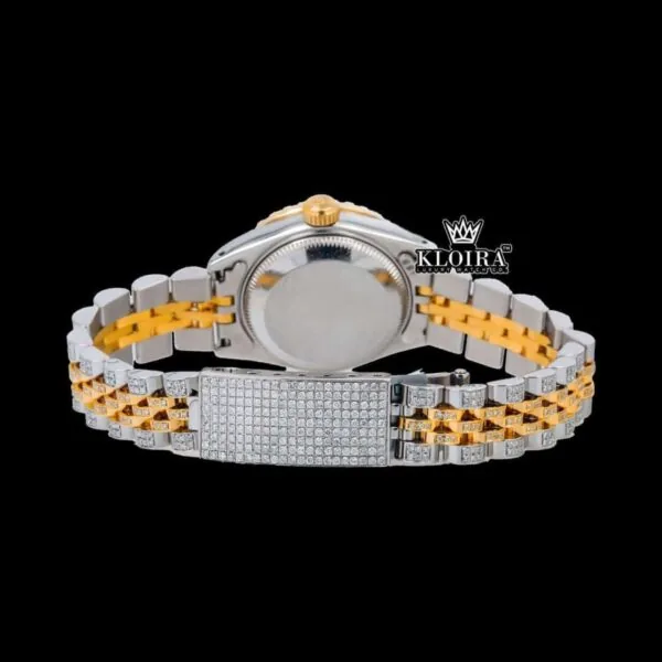 Diamond Markers Black Dial Two Tone Iced Out Moissanite Watch Caseback View