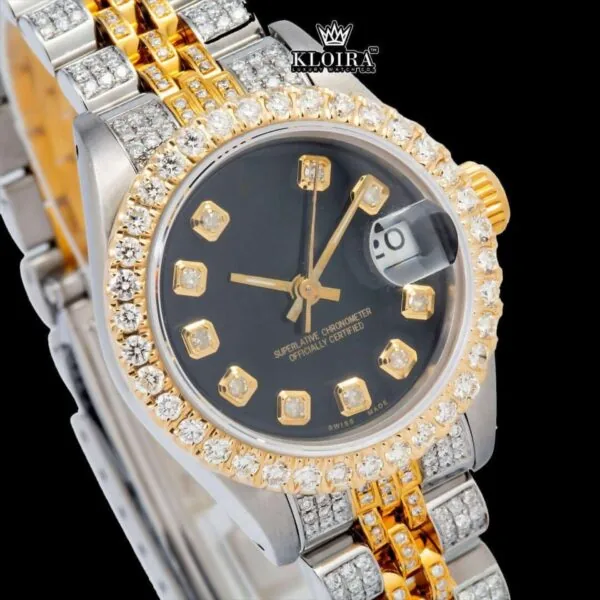 Diamond Markers Black Dial Two Tone Iced Out Moissanite Watch Close Up Dial View