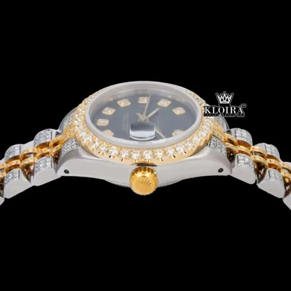 Diamond Markers Black Dial Two Tone Iced Out Moissanite Watch Crown View
