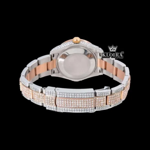 Diamond Markers Brown Dial Two Tone Iced Out Moissanite Watch Caseback View