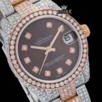 Diamond Markers Brown Dial Two Tone Iced Out Moissanite Watch Close Up Dial View