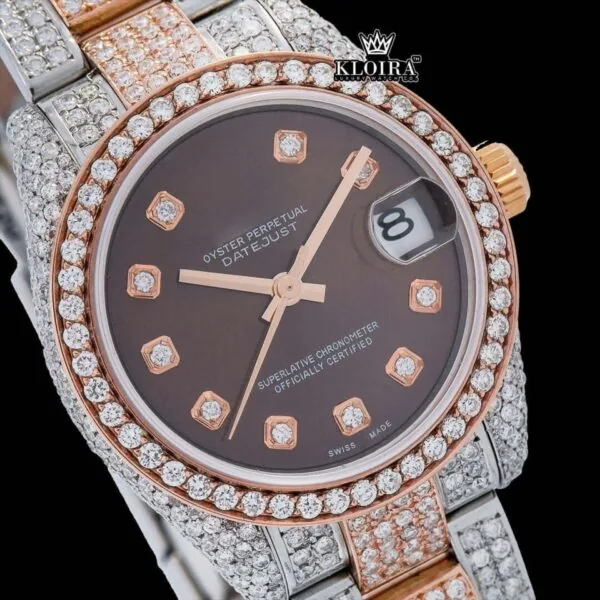Diamond Markers Brown Dial Two Tone Iced Out Moissanite Watch Close Up Dial View