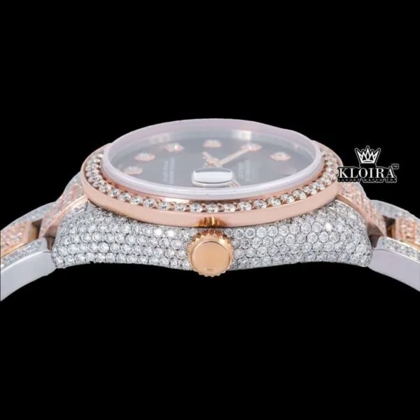 Diamond Markers Brown Dial Two Tone Iced Out Moissanite Watch Crown View