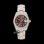 Diamond Markers Brown Dial Two Tone Iced Out Moissanite Watch Front View