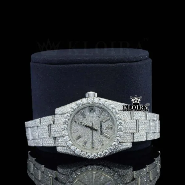 Diamond Markers Fully Bust Down White Dial Moissanite Diamond Watch Close Up Front View