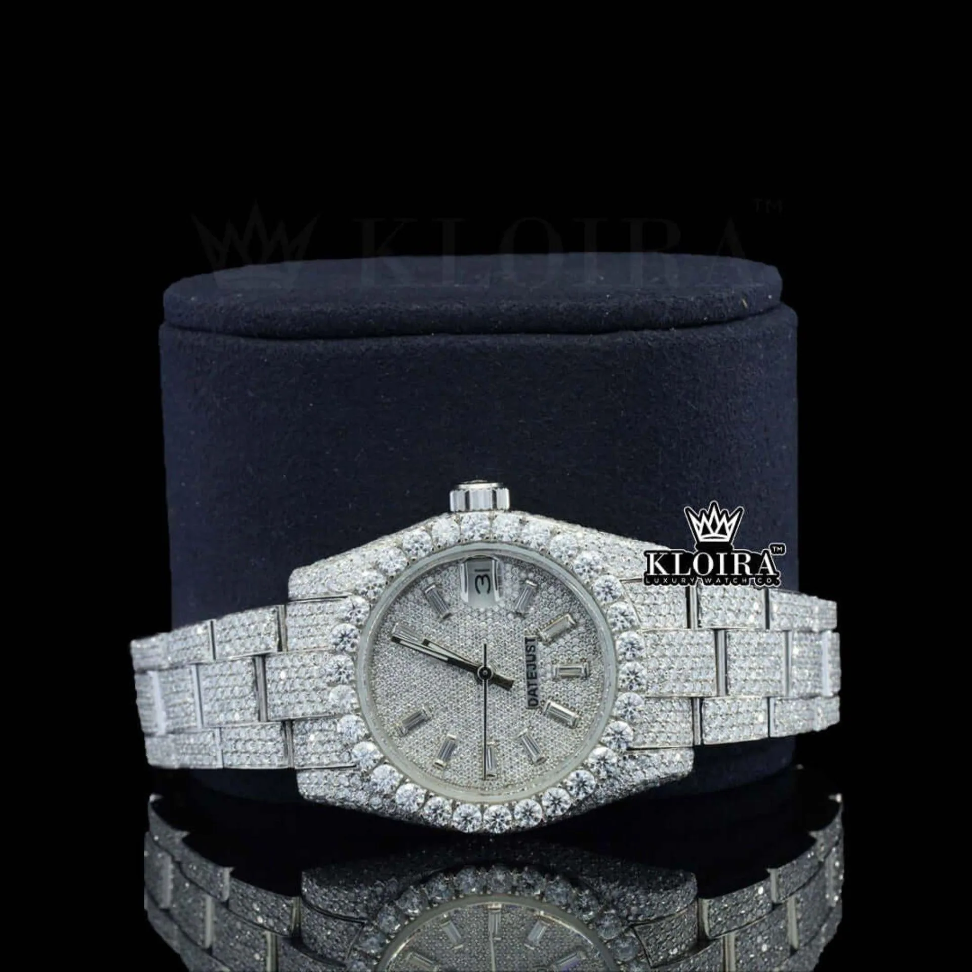 Diamond Markers Fully Bust Down White Dial Moissanite Diamond Watch Close Up Front View