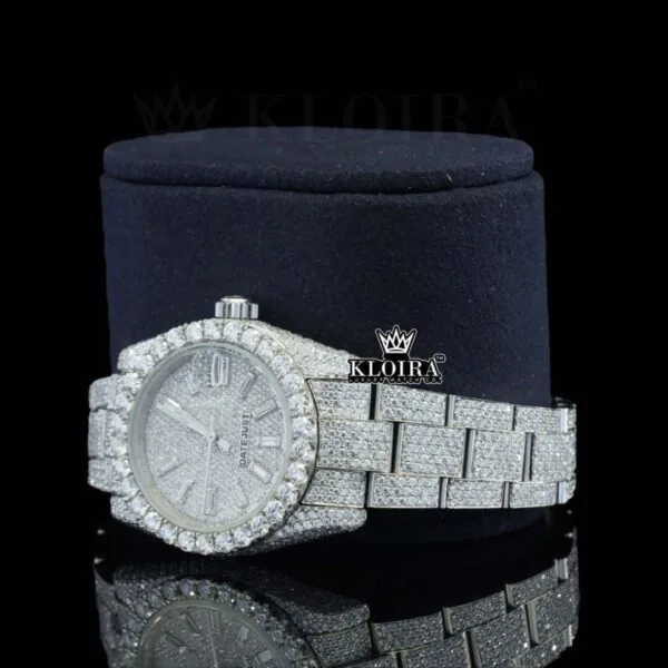 Diamond Markers Fully Bust Down White Dial Moissanite Diamond Watch Left Profile View