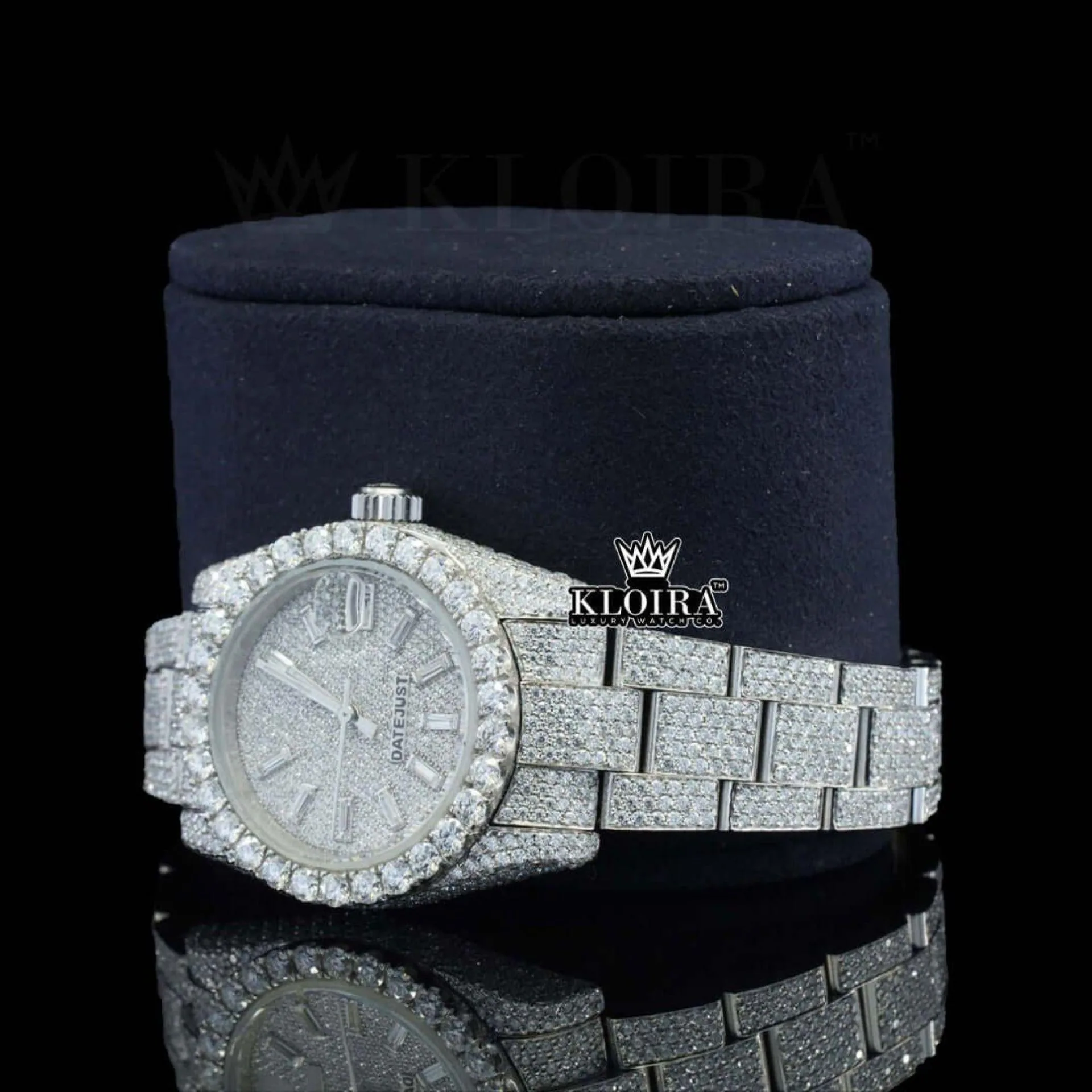 Diamond Markers Fully Bust Down White Dial Moissanite Diamond Watch Left Profile View
