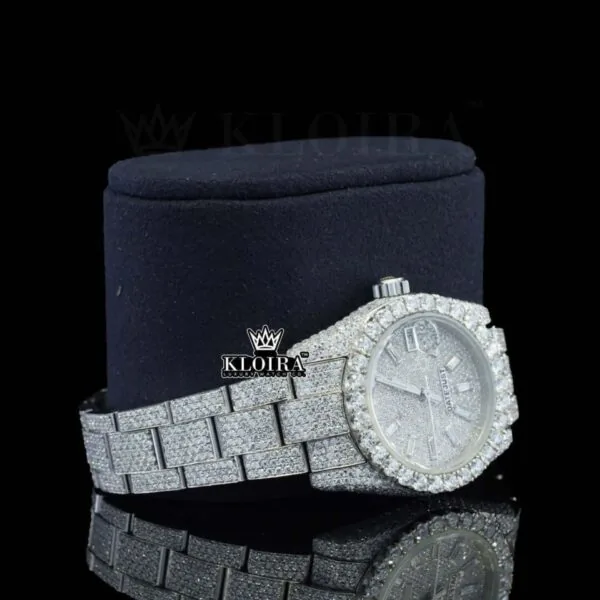 Diamond Markers Fully Bust Down White Dial Moissanite Diamond Watch Right Profile View