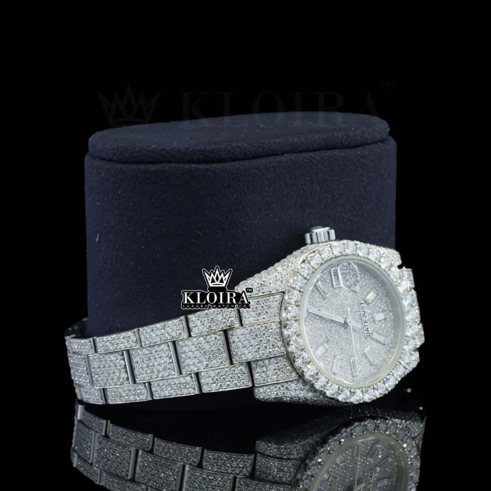 Diamond Markers Fully Bust Down White Dial Moissanite Diamond Watch Right Profile View