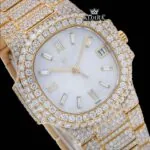 Diamond Markers Fully Iced Out Yello Gold Moissanite Diamond Watch Close Up Dial View