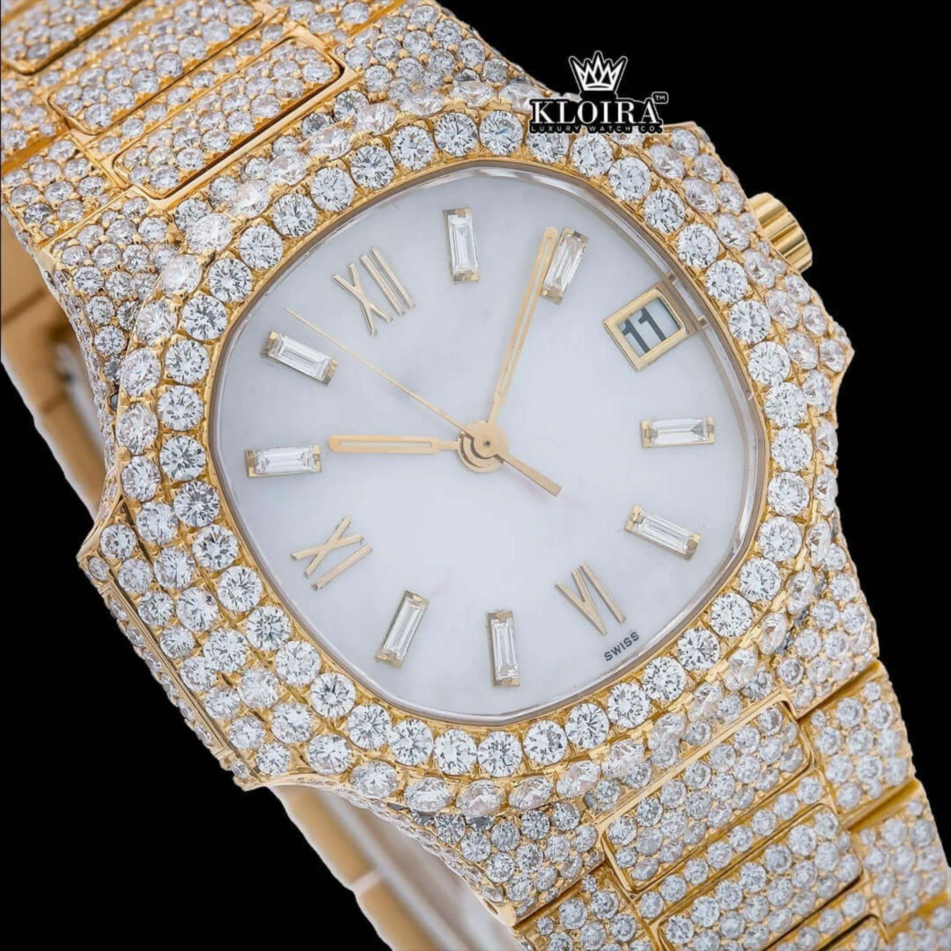 Diamond Markers Fully Iced Out Yello Gold Moissanite Diamond Watch Close Up Dial View