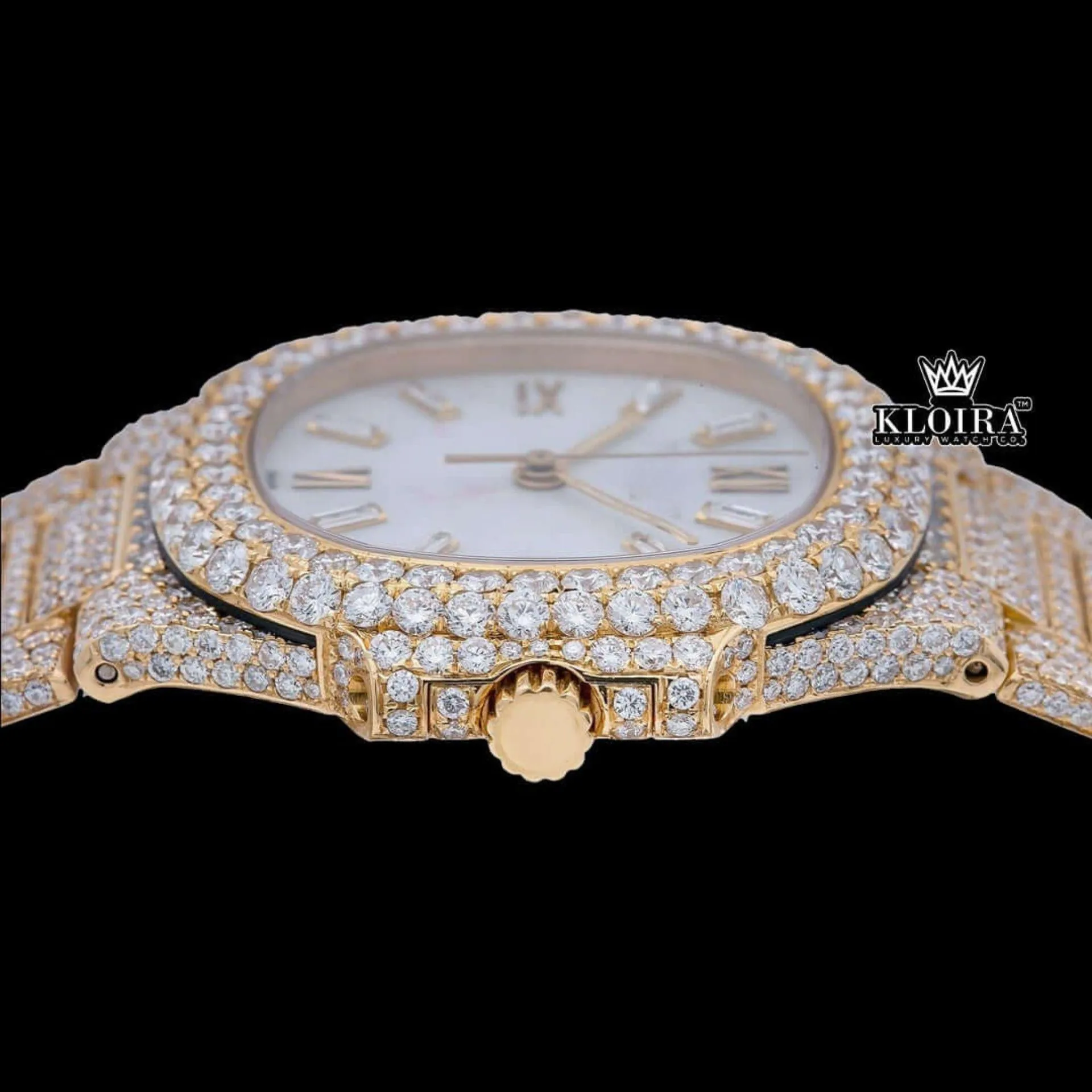 Diamond Markers Fully Iced Out Yello Gold Moissanite Diamond Watch Crown View