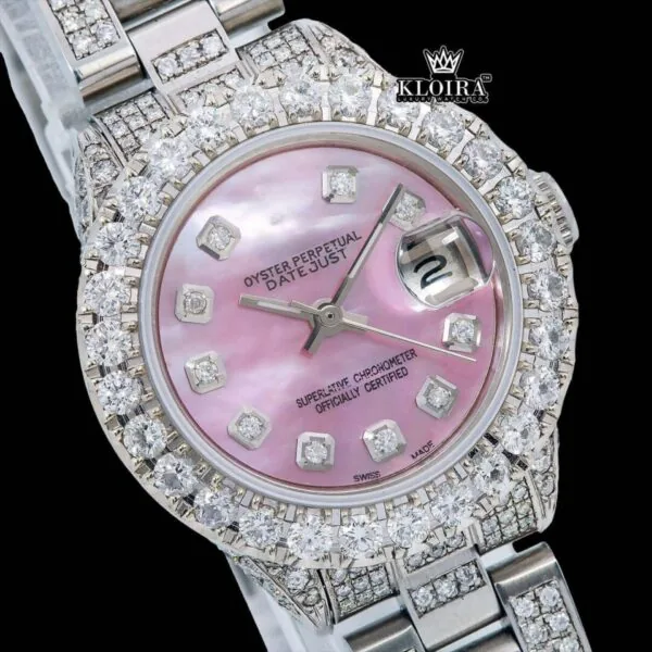 Diamond Markers Pink Dial Full Iced Out Moissanite Watch Close Up Dial View