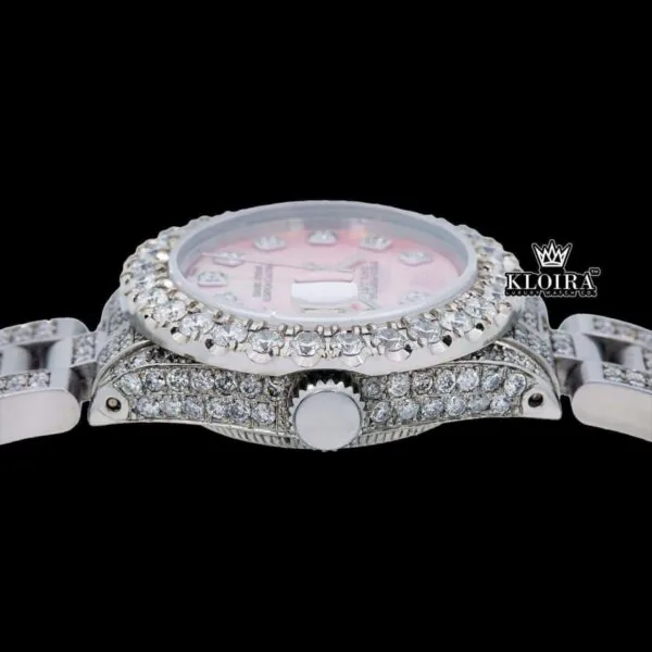 Diamond Markers Pink Dial Full Iced Out Moissanite Watch Crown View