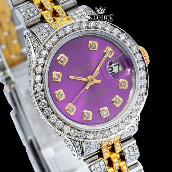 Diamond Markers Purple Dial Two Tone Moissanite Watch Close Up Dial View