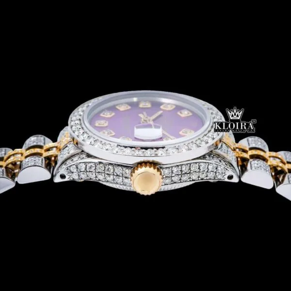 Diamond Markers Purple Dial Two Tone Moissanite Watch Crown View