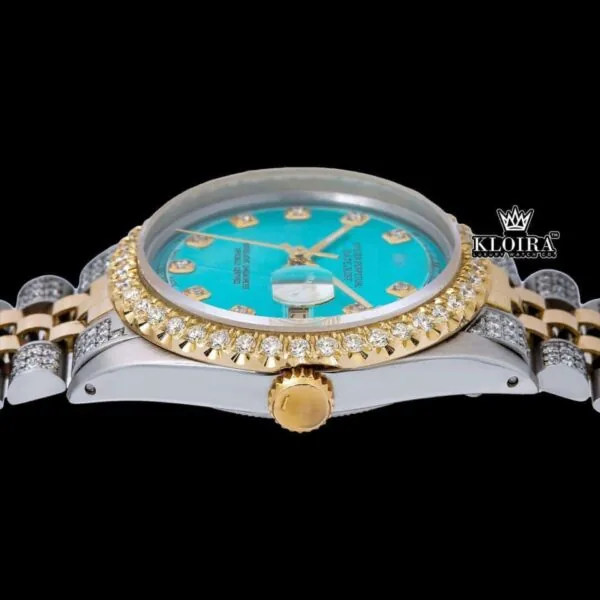 Diamond Markers Tiffany Blue Dial Two Tone Moissanite Watch Crown View