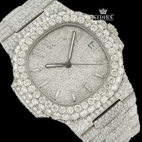 Diamond Markers White Dial Bust Down Moissanite Diamond Watch Close Up Dial View