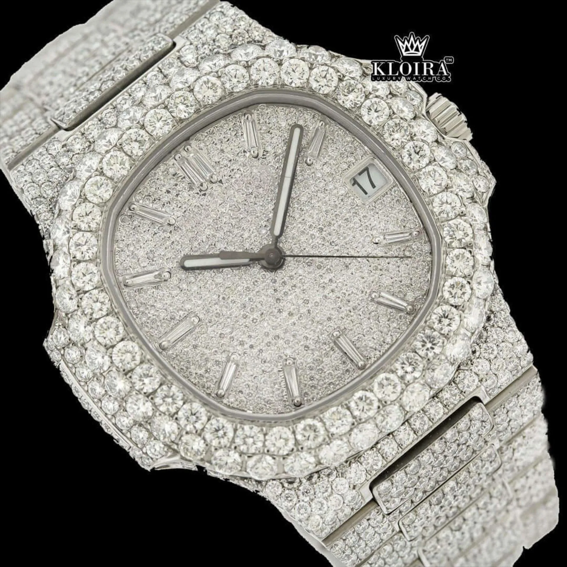 Diamond Markers White Dial Bust Down Moissanite Diamond Watch Close Up Dial View