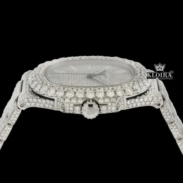 Diamond Markers White Dial Bust Down Moissanite Diamond Watch Crown View