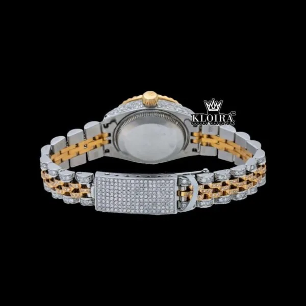 Diamond Markers White Dial Date Display Two Tone Moissanite Watch Caseback View