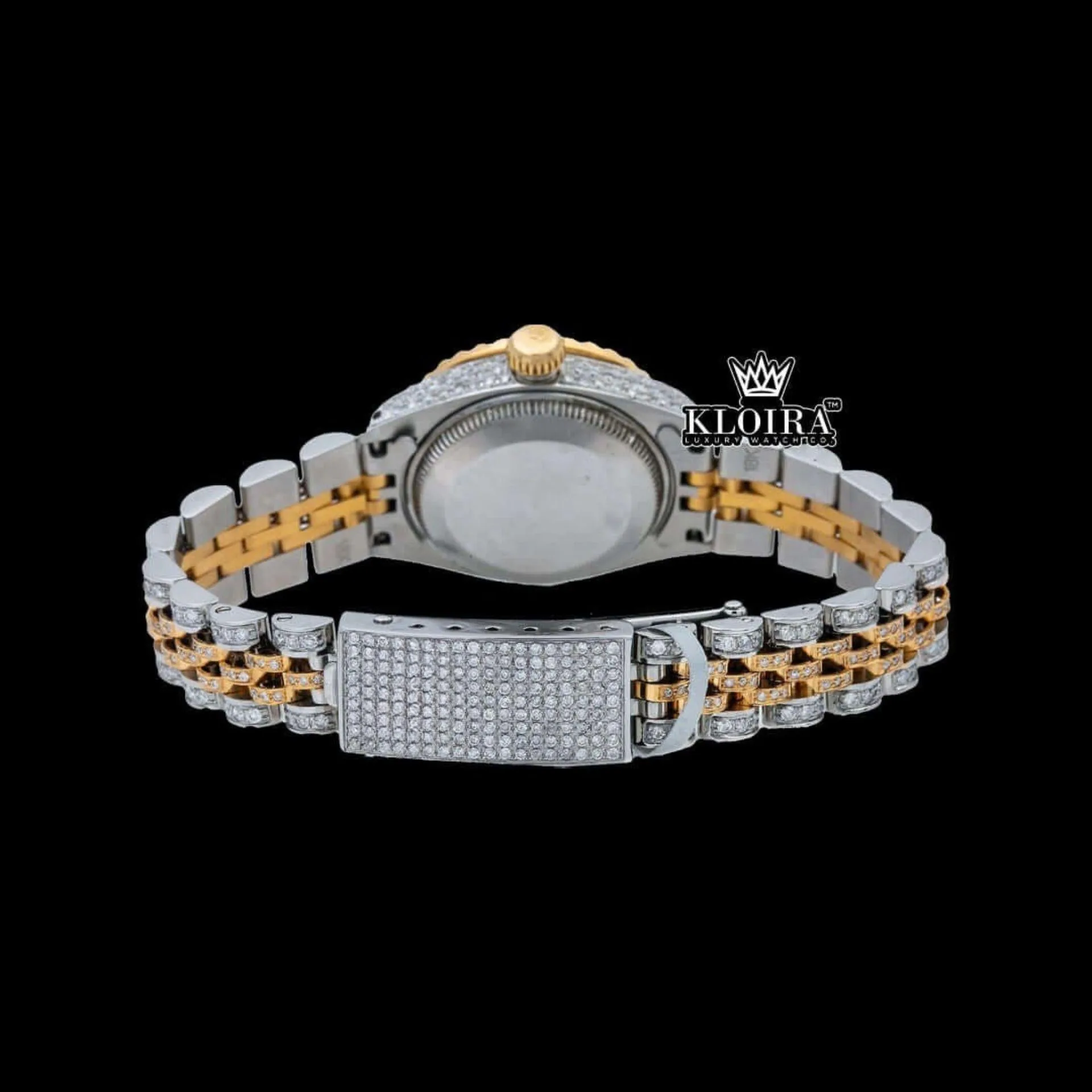 Diamond Markers White Dial Date Display Two Tone Moissanite Watch Caseback View