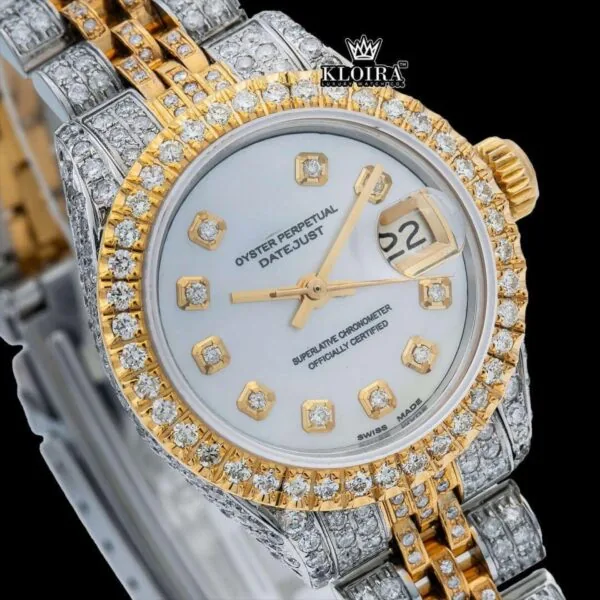 Diamond Markers White Dial Date Display Two Tone Moissanite Watch Close Up Dial View