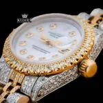 Diamond Markers White Dial Date Display Two Tone Moissanite Watch Close Up Front View