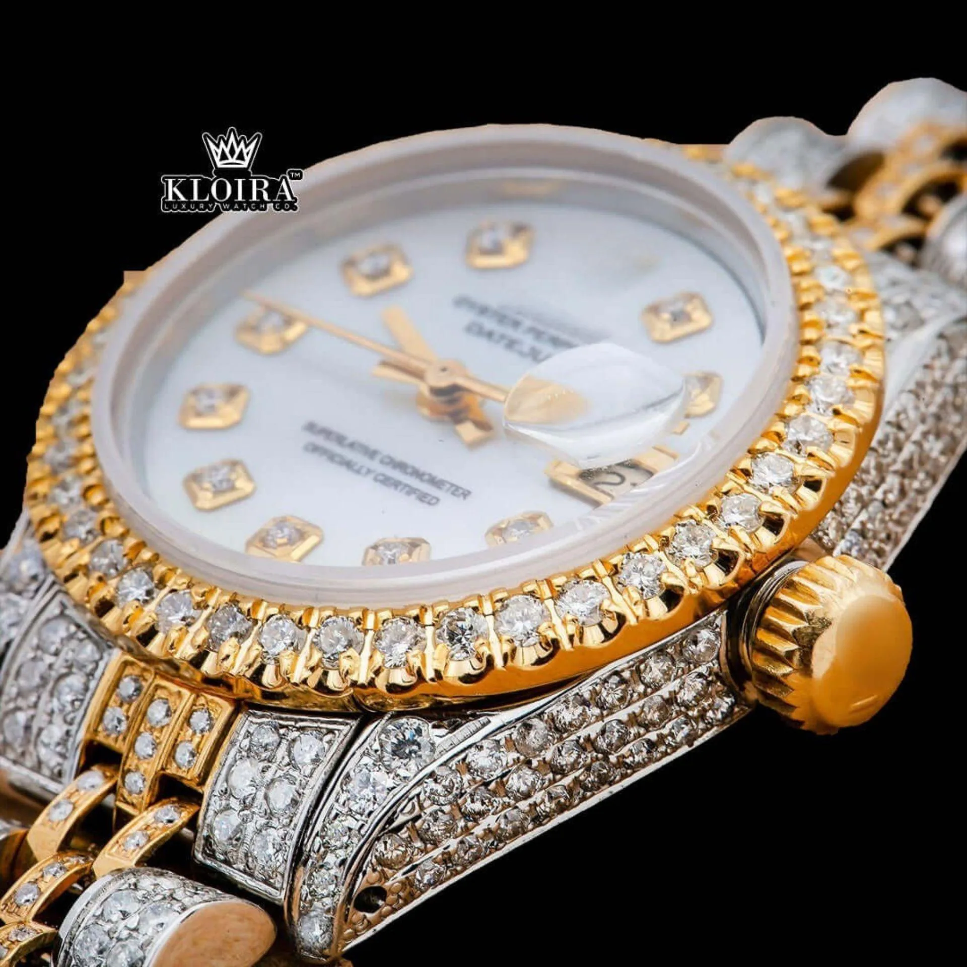 Diamond Markers White Dial Date Display Two Tone Moissanite Watch Close Up Front View