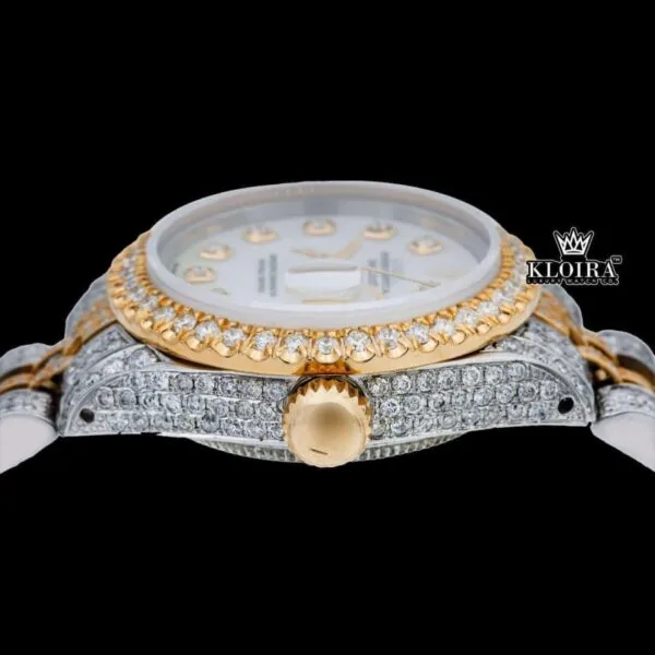 Diamond Markers White Dial Date Display Two Tone Moissanite Watch Crown View