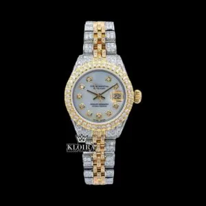 Diamond Markers White Dial Date Display Two Tone Moissanite Watch