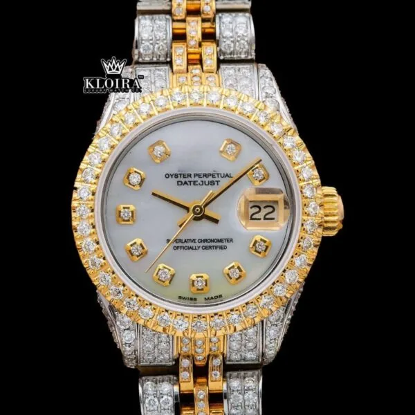 Diamond Markers White Dial Date Display Two Tone Moissanite Watch Full Close Up Front View