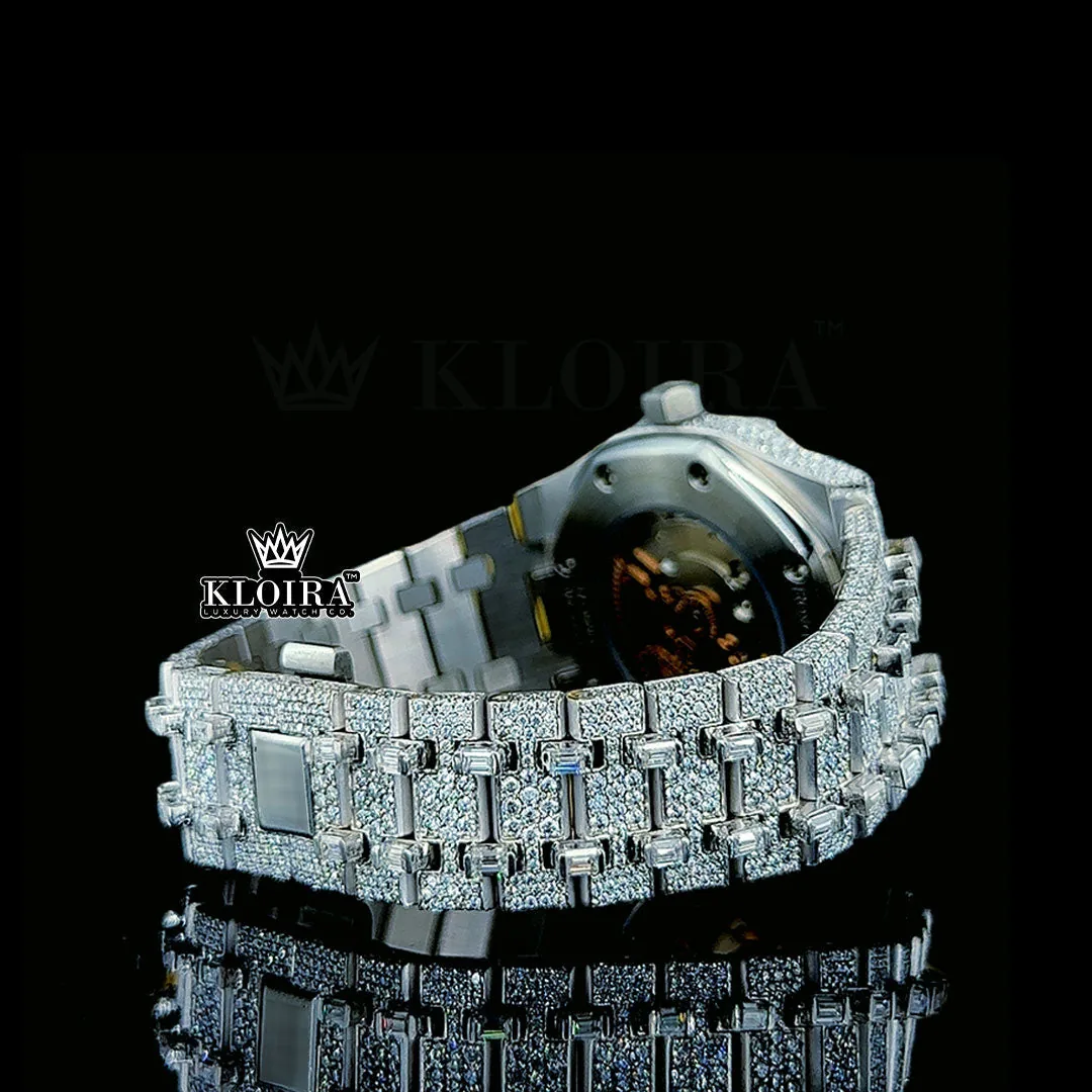 Diamond Markers White Dial Fully Iced Out AP Moissanite Watch Back Side Cross View