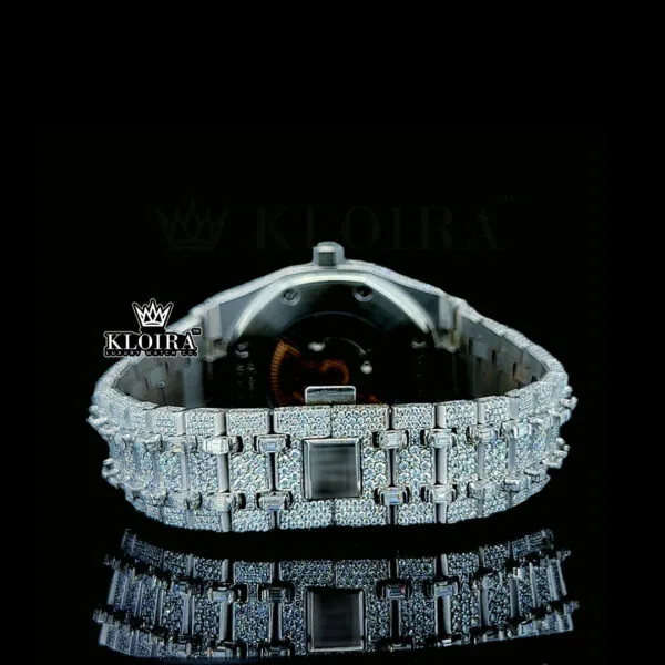 Diamond Markers White Dial Fully Iced Out AP Moissanite Watch Caseback View