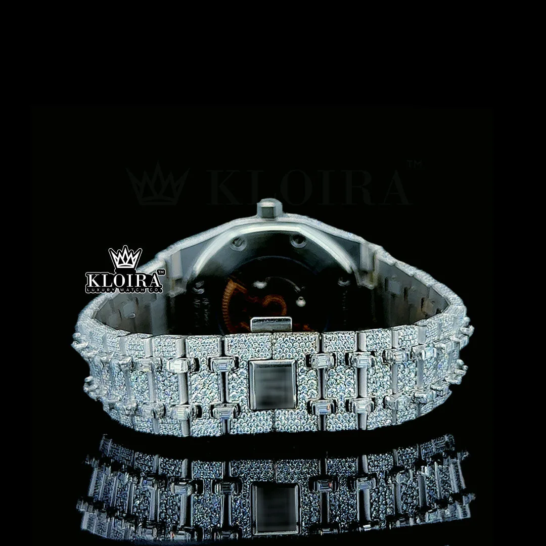 Diamond Markers White Dial Fully Iced Out AP Moissanite Watch Caseback View